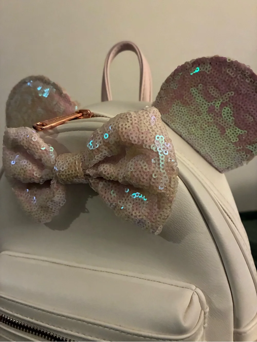 Loungefly Disney White Mini Backpack with Pink Sequin Ears, Rose Gold zippers